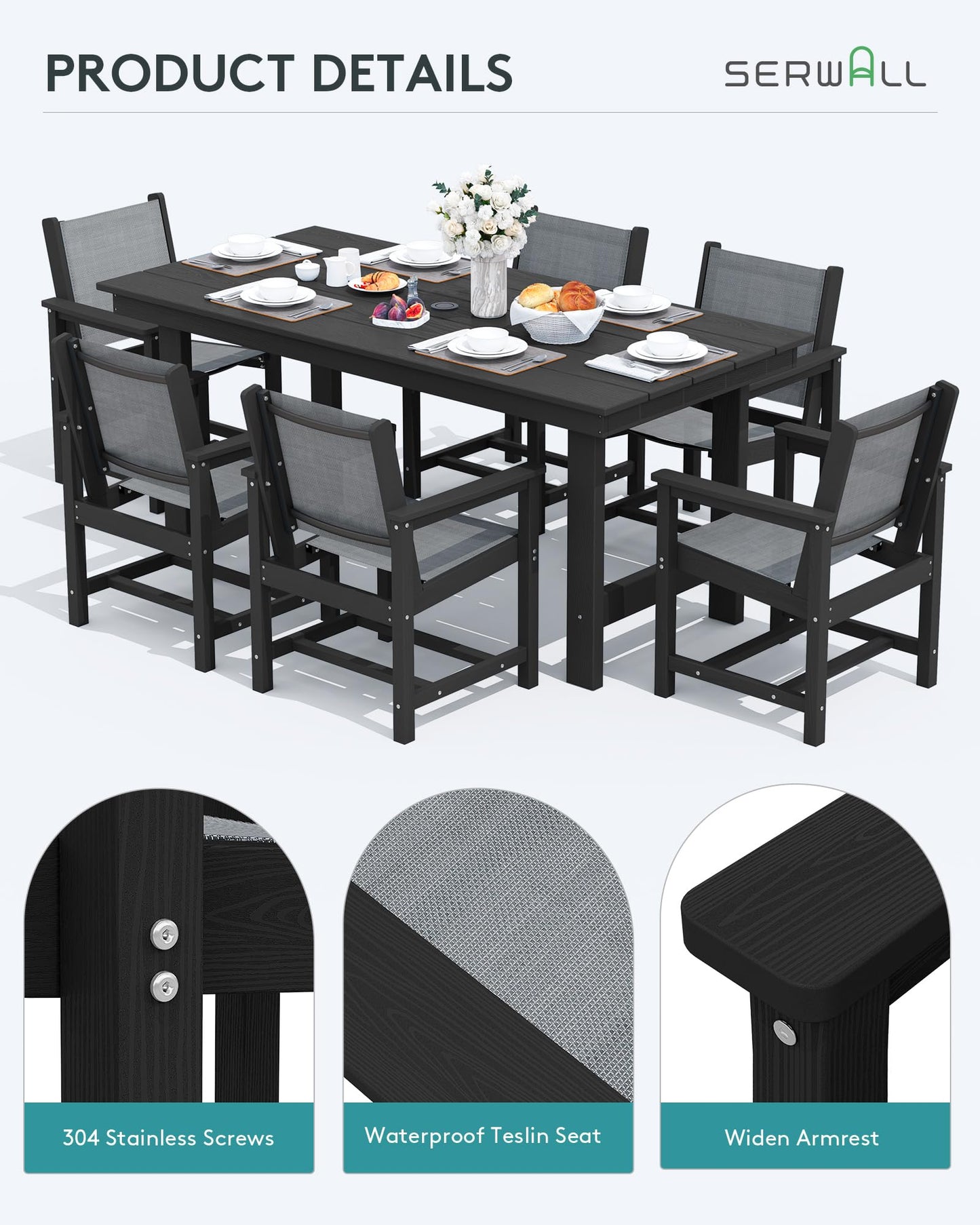 SERWALL Outdoor HDPE Dining Table Set, 7-Piece Outdoor Dining Table Sets with Umbrella Hole Cut-Out Table and 6 Chairs, Gray