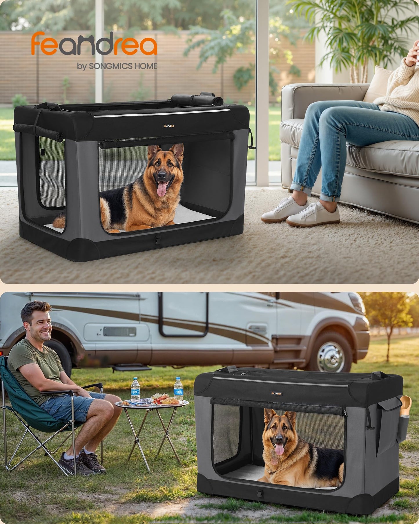 Feandrea Collapsible Dog Crate, 42-Inch Portable Dog Travel Crate for Large Dogs, Oxford Fabric Pet Carrier with 4 Mesh Doors, Handles, Storage Pocket, Water Bottle Holder, Ink Black UPDC021B01