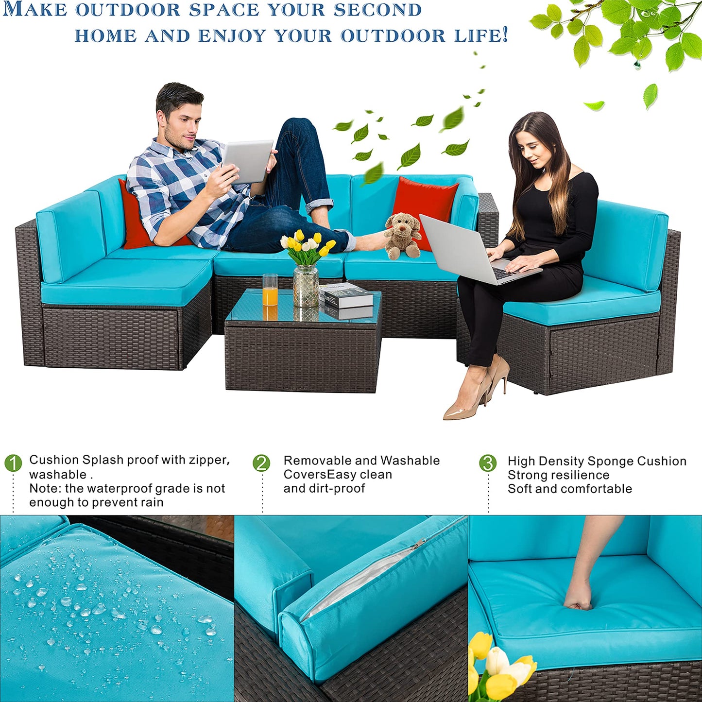 Vongrasig 5 Piece Patio Furniture Sets, Outdoor Patio Set Sectional Sofa, All-Weather PE Rattan Outdoor Couch with Ottoman, Glass Table for Garden, Backyard, Porch, Beige