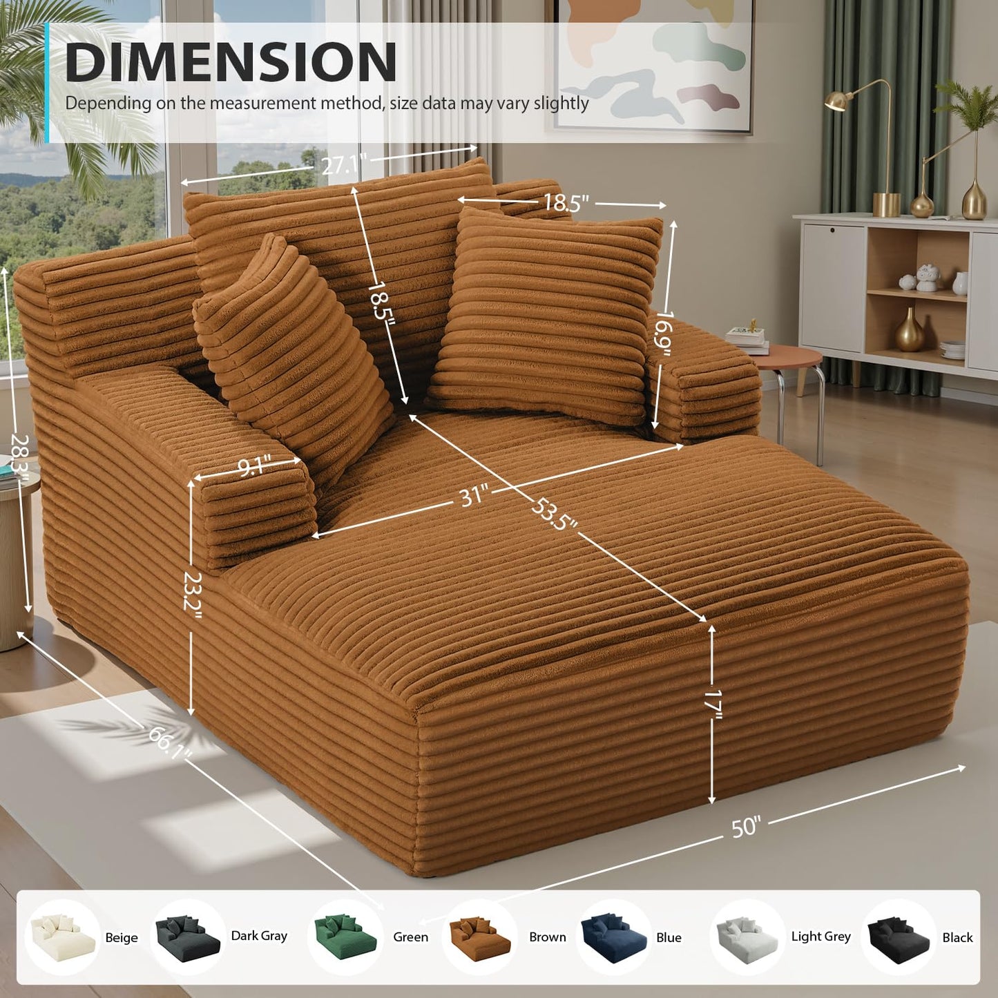 50 Inch Chaise Lounge Chair Indoor, Oversized Corduroy Upholstered Boneless Sofa Bed, Deep Seat Sleeper Couch Reading Chairs, Cloud Sofas Couches for Living Room, No Assembly Required (Dark Grey)