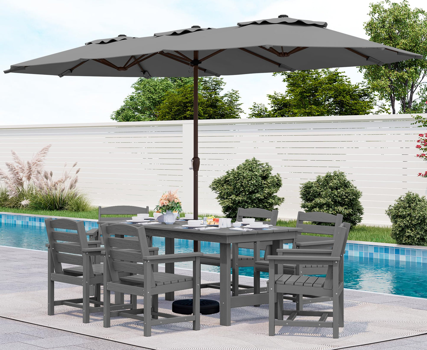 SERWALL Outdoor HDPE Dining Table Set, 7-Piece Outdoor Dining Table Sets with Umbrella Hole Cut-Out Table and 6 Chairs, Gray