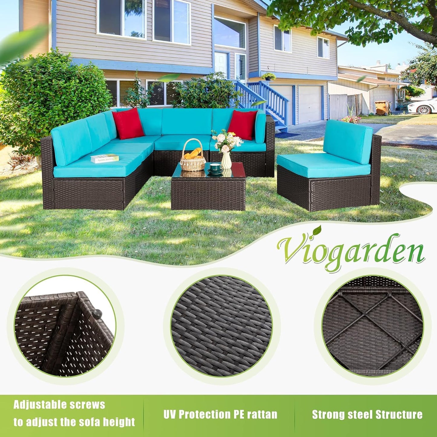 Vongrasig 5 Piece Patio Furniture Sets, Outdoor Patio Set Sectional Sofa, All-Weather PE Rattan Outdoor Couch with Ottoman, Glass Table for Garden, Backyard, Porch, Beige