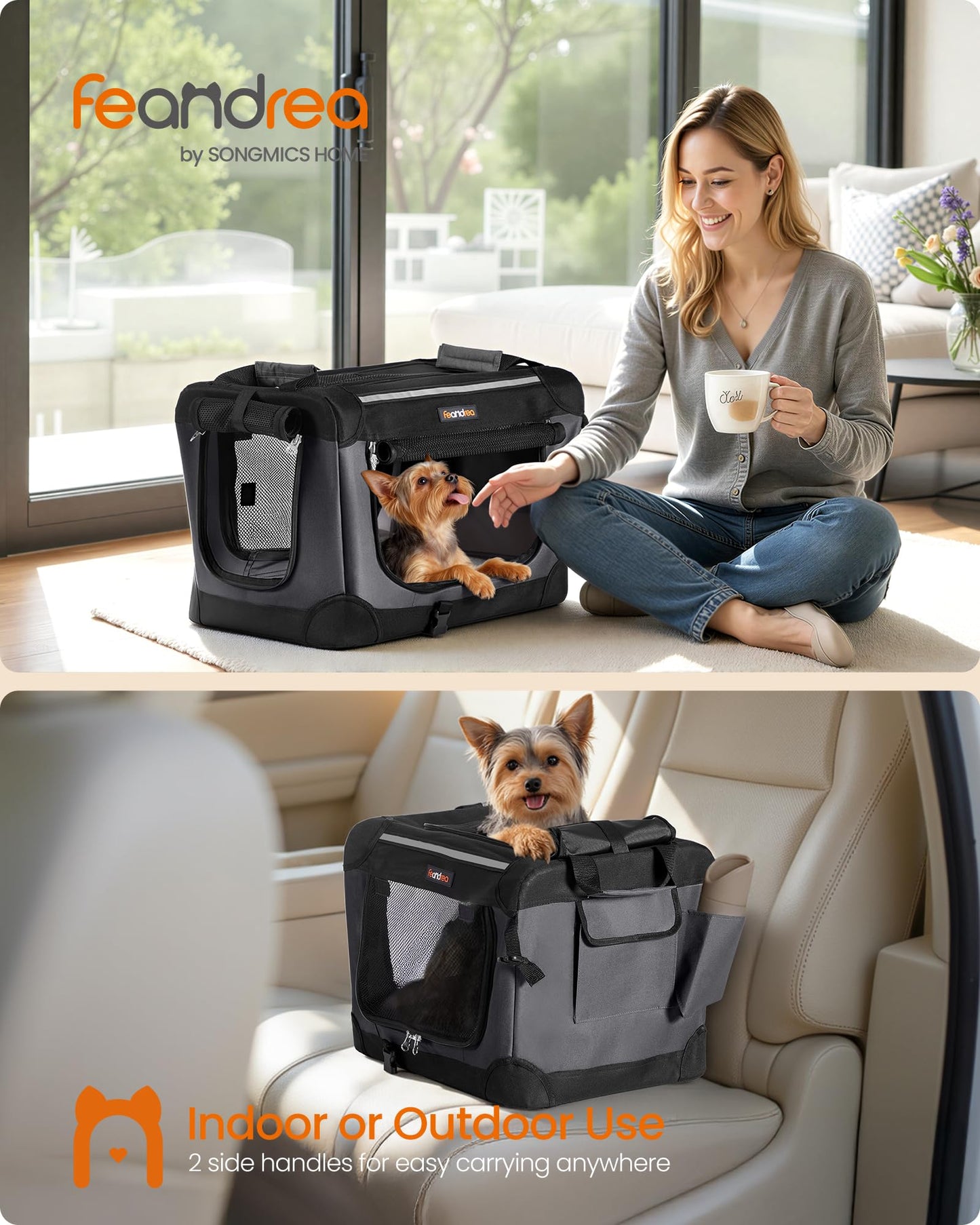 Feandrea Collapsible Dog Crate, 42-Inch Portable Dog Travel Crate for Large Dogs, Oxford Fabric Pet Carrier with 4 Mesh Doors, Handles, Storage Pocket, Water Bottle Holder, Ink Black UPDC021B01
