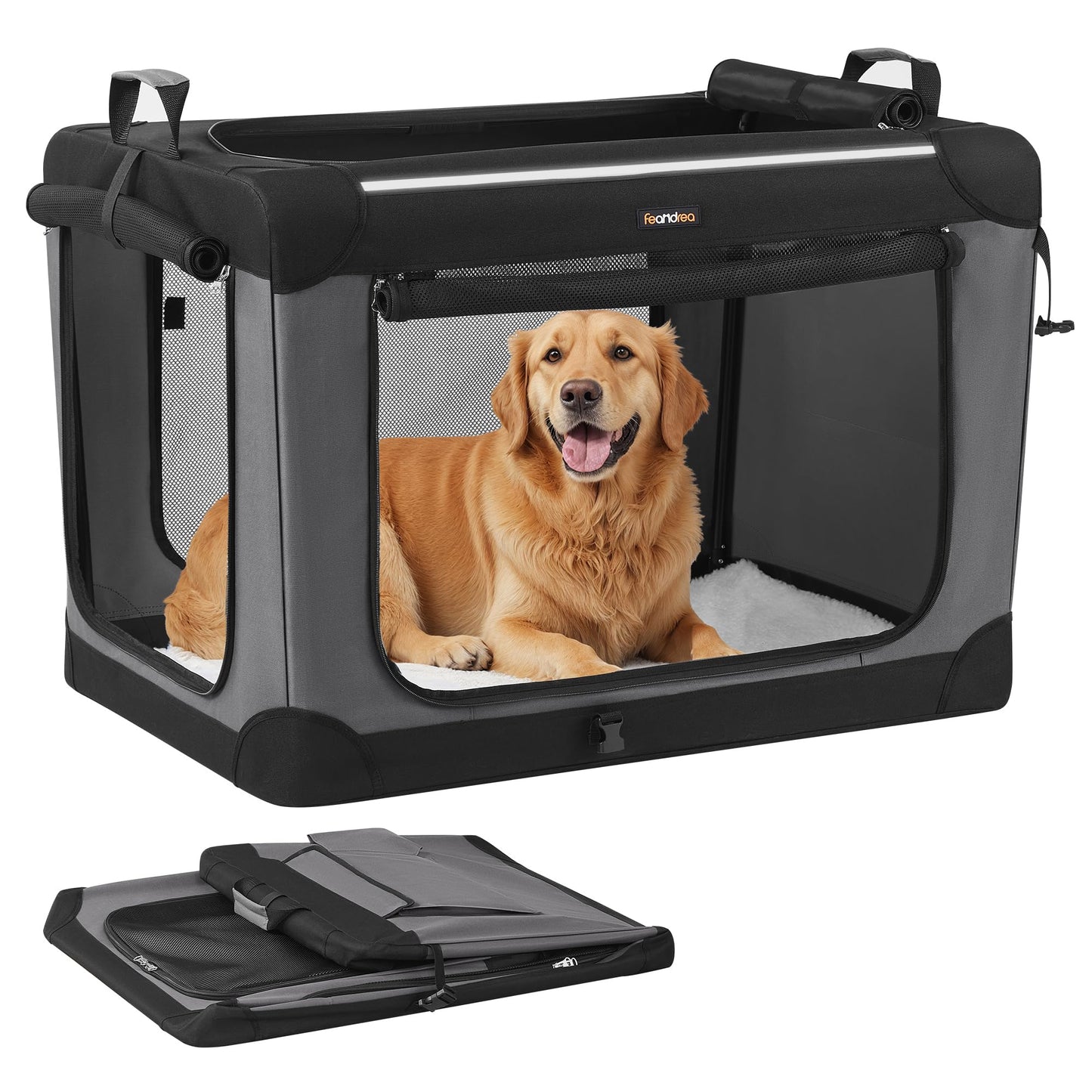 Feandrea Collapsible Dog Crate, 42-Inch Portable Dog Travel Crate for Large Dogs, Oxford Fabric Pet Carrier with 4 Mesh Doors, Handles, Storage Pocket, Water Bottle Holder, Ink Black UPDC021B01