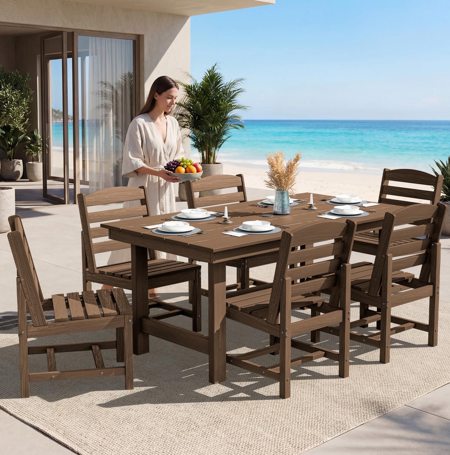 SERWALL Outdoor HDPE Dining Table Set, 7-Piece Outdoor Dining Table Sets with Umbrella Hole Cut-Out Table and 6 Chairs, Gray