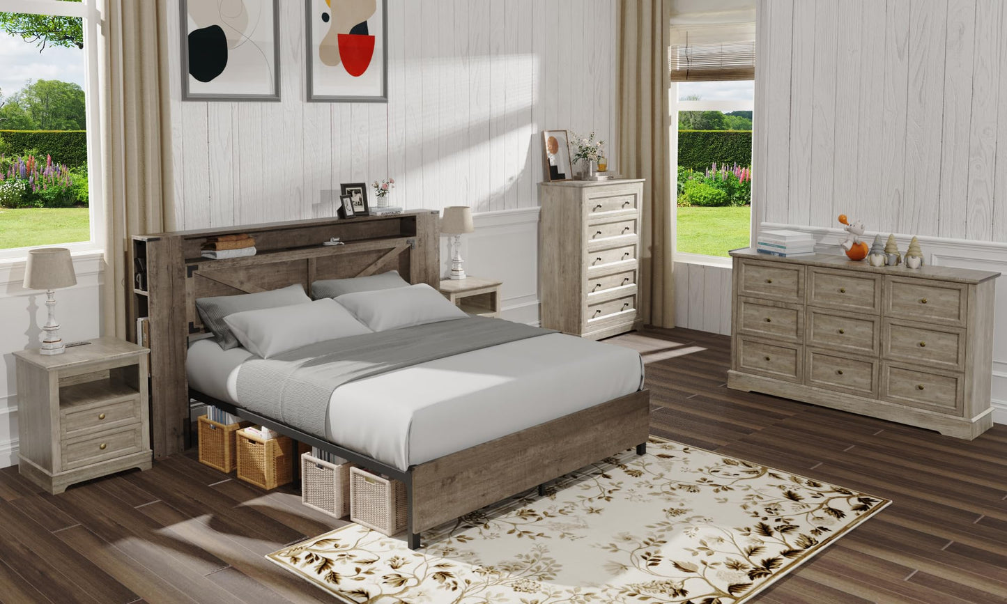 Farmhouse Bedroom Sets of 4, 4Pcs Farmhouse Dresser Set，Including 9 Drawer Dresser, 5 Drawer Dressers and Nightstand Set of 2 with Charging Station (Grey Sets, 4 Pieces)