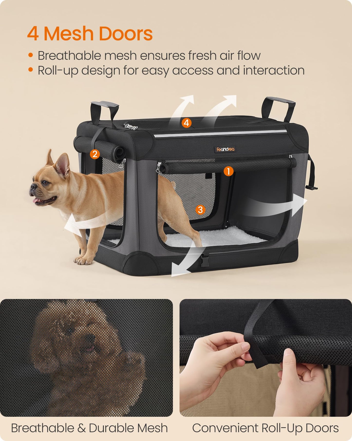 Feandrea Collapsible Dog Crate, 42-Inch Portable Dog Travel Crate for Large Dogs, Oxford Fabric Pet Carrier with 4 Mesh Doors, Handles, Storage Pocket, Water Bottle Holder, Ink Black UPDC021B01