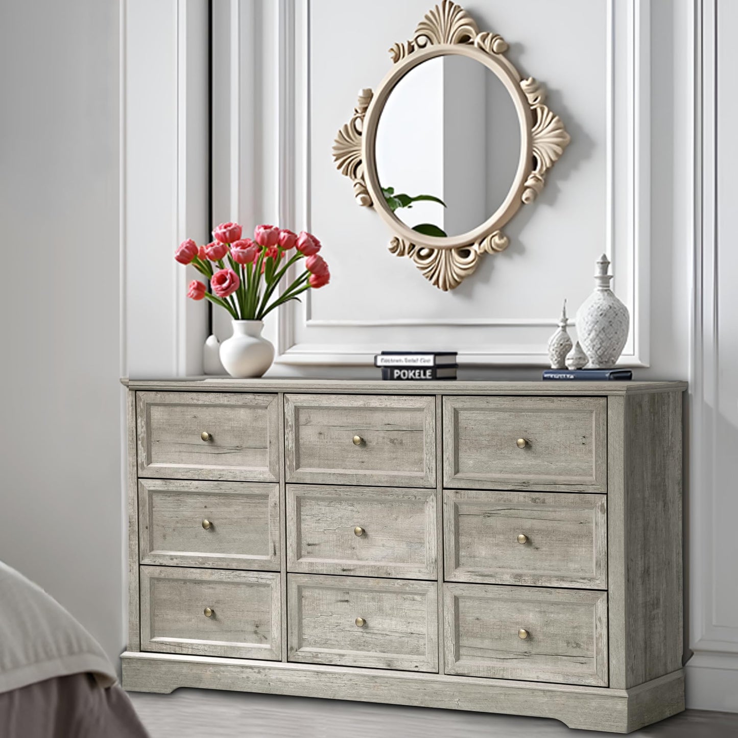 Farmhouse Bedroom Sets of 4, 4Pcs Farmhouse Dresser Set，Including 9 Drawer Dresser, 5 Drawer Dressers and Nightstand Set of 2 with Charging Station (Grey Sets, 4 Pieces)