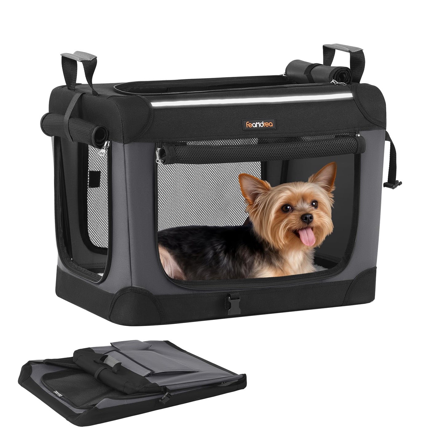 Feandrea Collapsible Dog Crate, 42-Inch Portable Dog Travel Crate for Large Dogs, Oxford Fabric Pet Carrier with 4 Mesh Doors, Handles, Storage Pocket, Water Bottle Holder, Ink Black UPDC021B01