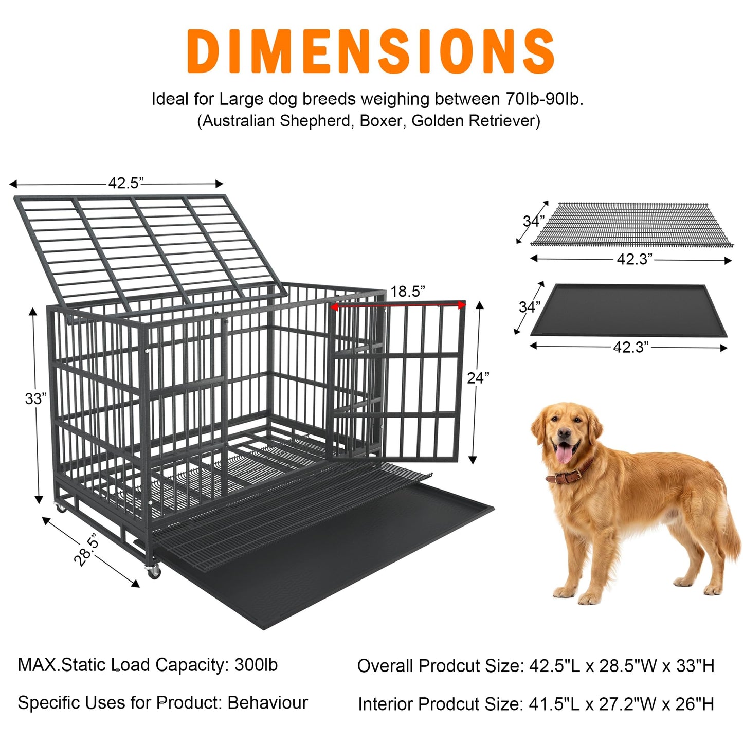 54 inch Heavy Duty Indestructible and Escape-Proof Dog Crate Cage Kennel for Large Dogs, High Anxiety Dog Crate with Removable Wire Trays and Wheels, Extra Large XL XXL, Black