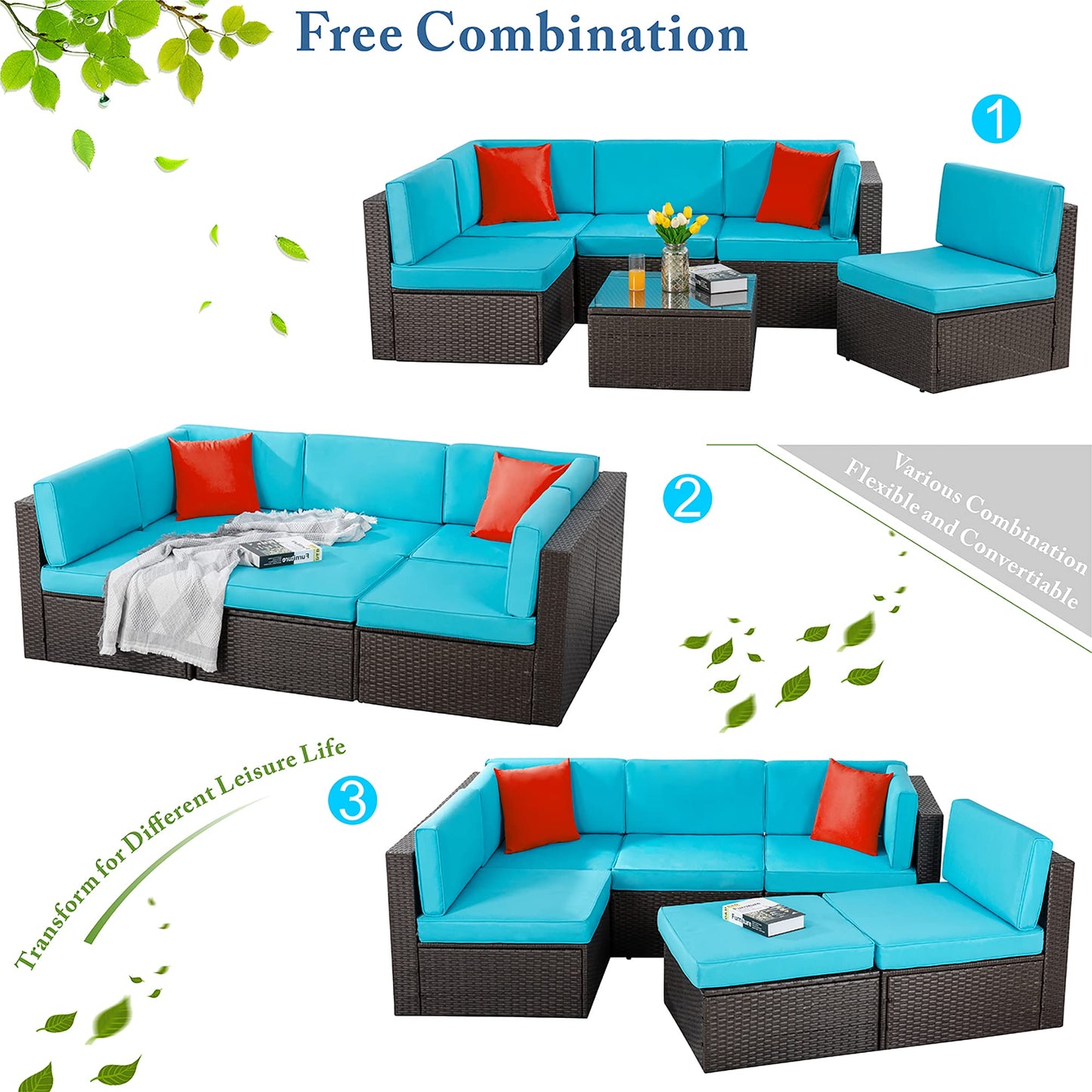 Vongrasig 5 Piece Patio Furniture Sets, Outdoor Patio Set Sectional Sofa, All-Weather PE Rattan Outdoor Couch with Ottoman, Glass Table for Garden, Backyard, Porch, Beige