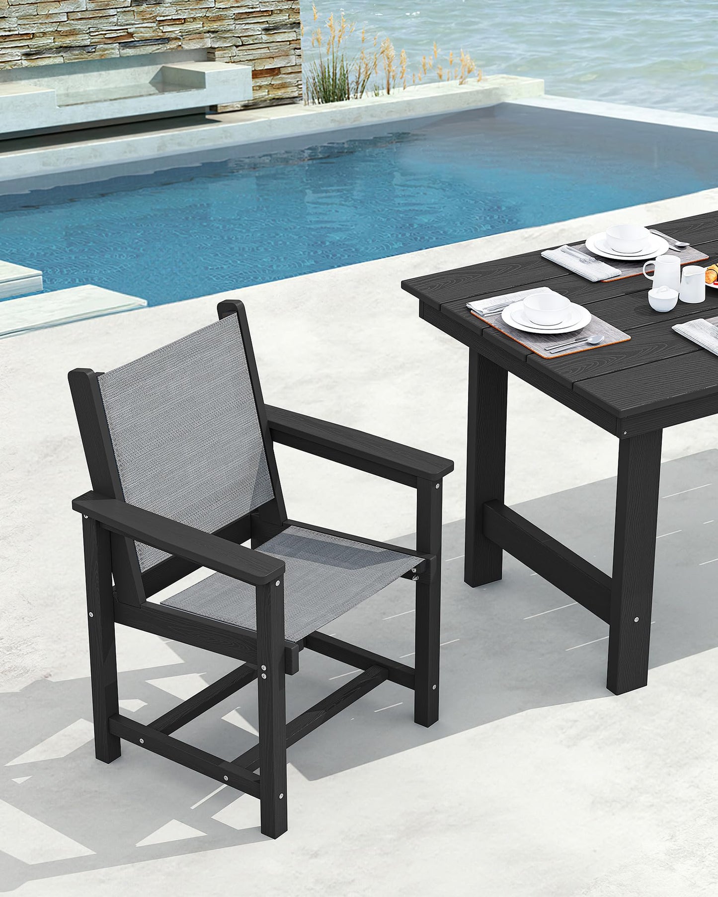 SERWALL Outdoor HDPE Dining Table Set, 7-Piece Outdoor Dining Table Sets with Umbrella Hole Cut-Out Table and 6 Chairs, Gray