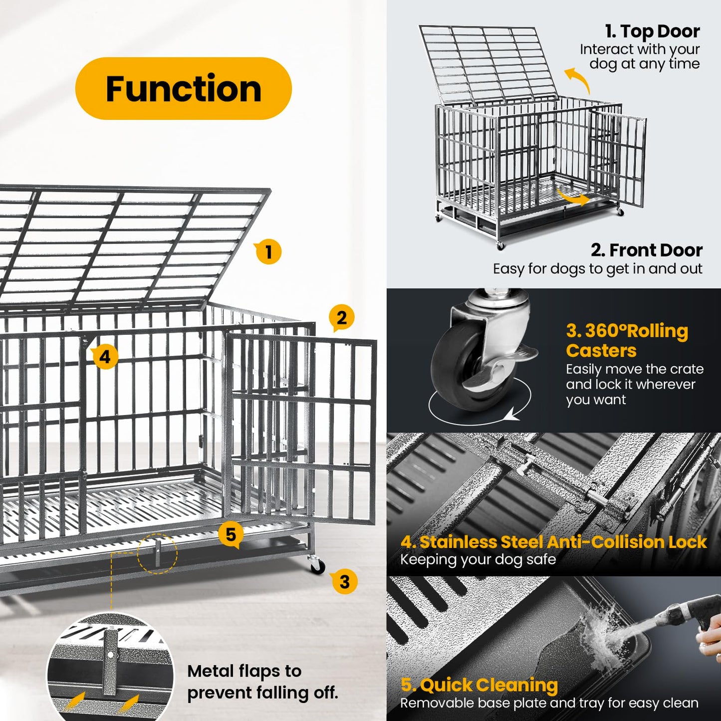 Oranland 48 inch Heavy Duty Indestructible Dog Crate,2025 New Upgraded Reinforced Baseplate for Large Dogs,XL Dog Crate for High Anxiety Dogs/Max Load Capacity 250lbs/Double Door with Wheels