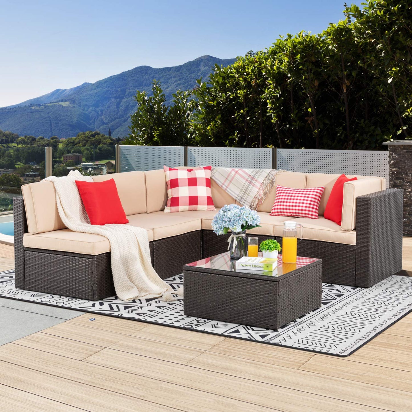 Vongrasig 5 Piece Patio Furniture Sets, Outdoor Patio Set Sectional Sofa, All-Weather PE Rattan Outdoor Couch with Ottoman, Glass Table for Garden, Backyard, Porch, Beige