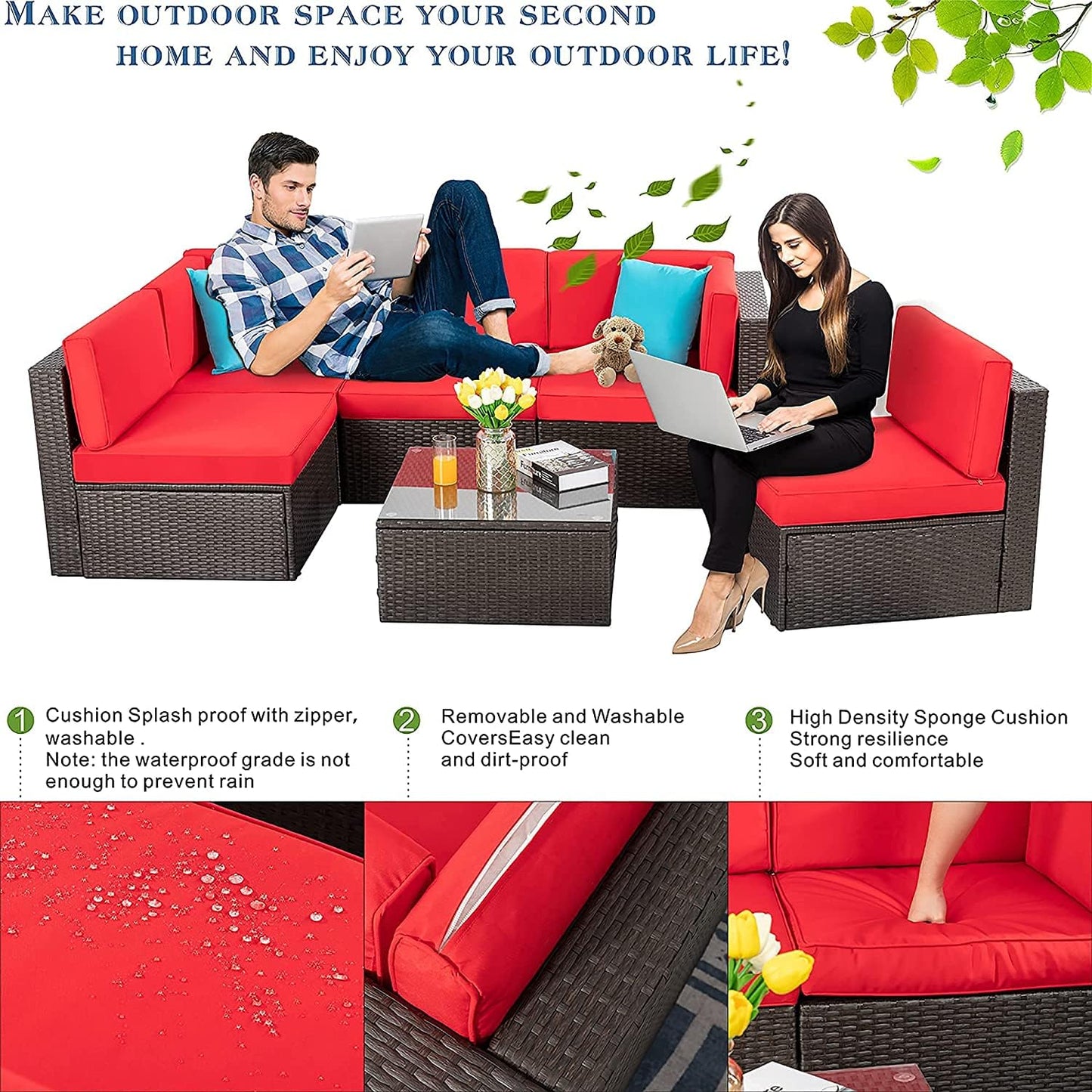 Vongrasig 5 Piece Patio Furniture Sets, Outdoor Patio Set Sectional Sofa, All-Weather PE Rattan Outdoor Couch with Ottoman, Glass Table for Garden, Backyard, Porch, Beige