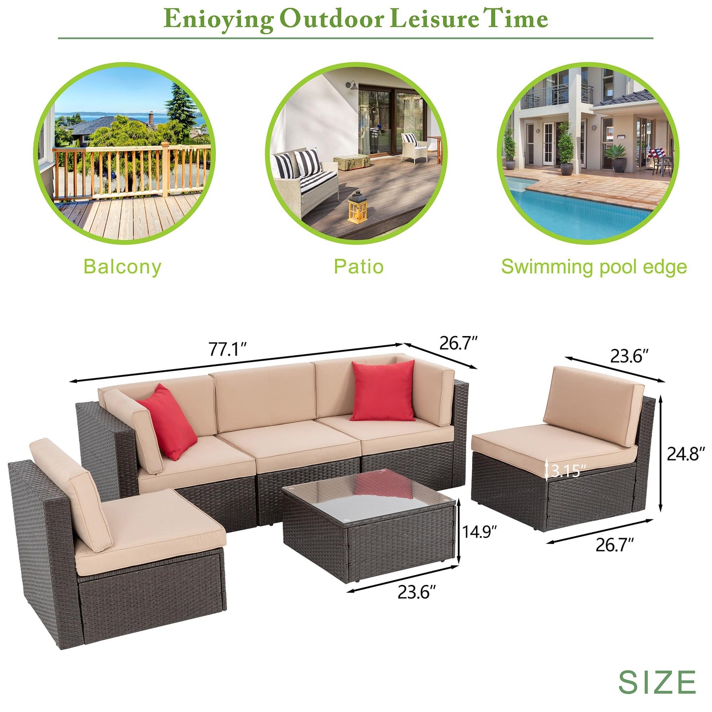 Vongrasig 5 Piece Patio Furniture Sets, Outdoor Patio Set Sectional Sofa, All-Weather PE Rattan Outdoor Couch with Ottoman, Glass Table for Garden, Backyard, Porch, Beige