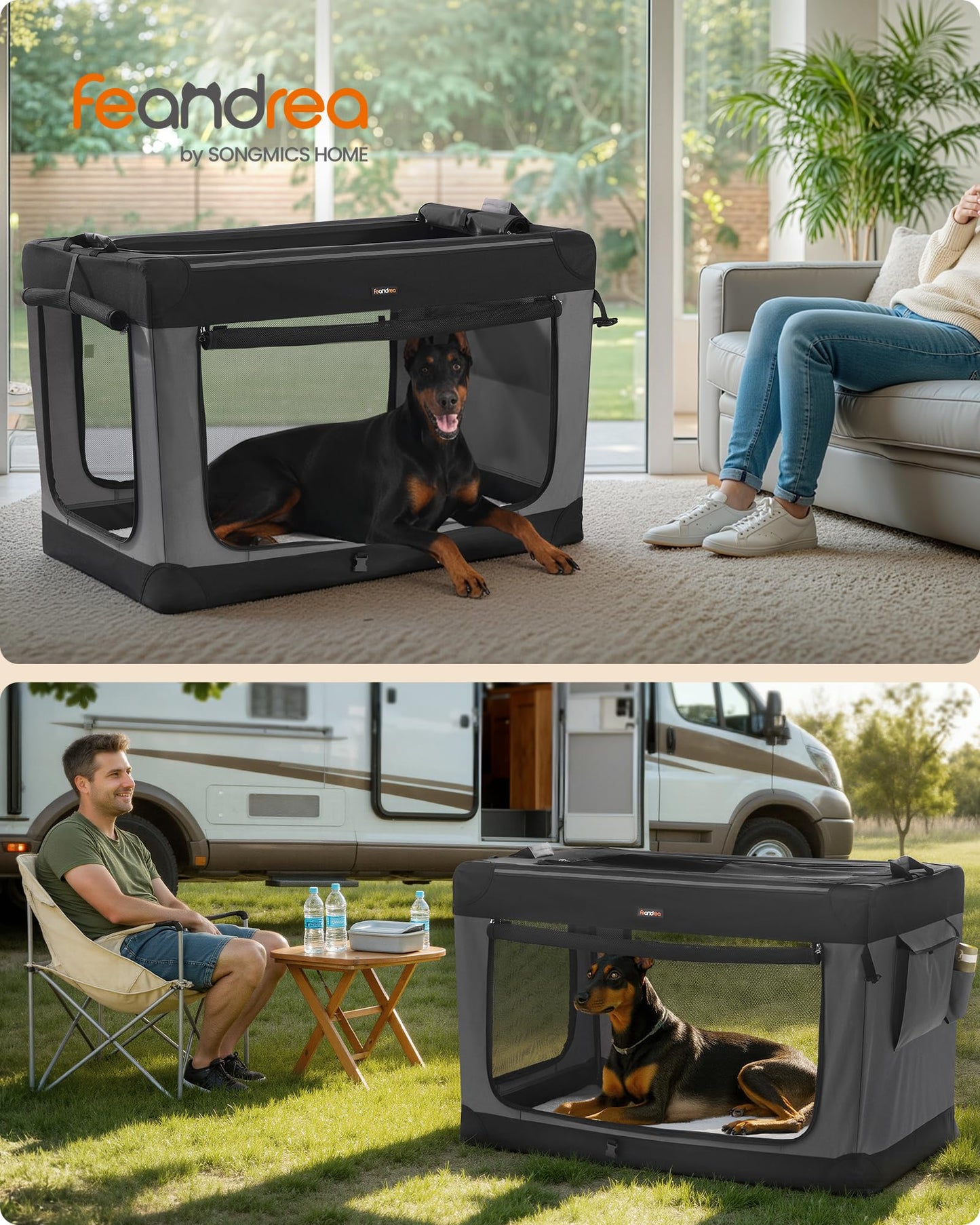 Feandrea Collapsible Dog Crate, 42-Inch Portable Dog Travel Crate for Large Dogs, Oxford Fabric Pet Carrier with 4 Mesh Doors, Handles, Storage Pocket, Water Bottle Holder, Ink Black UPDC021B01
