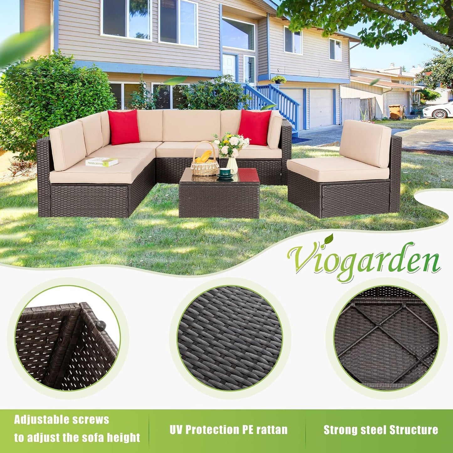 Vongrasig 5 Piece Patio Furniture Sets, Outdoor Patio Set Sectional Sofa, All-Weather PE Rattan Outdoor Couch with Ottoman, Glass Table for Garden, Backyard, Porch, Beige