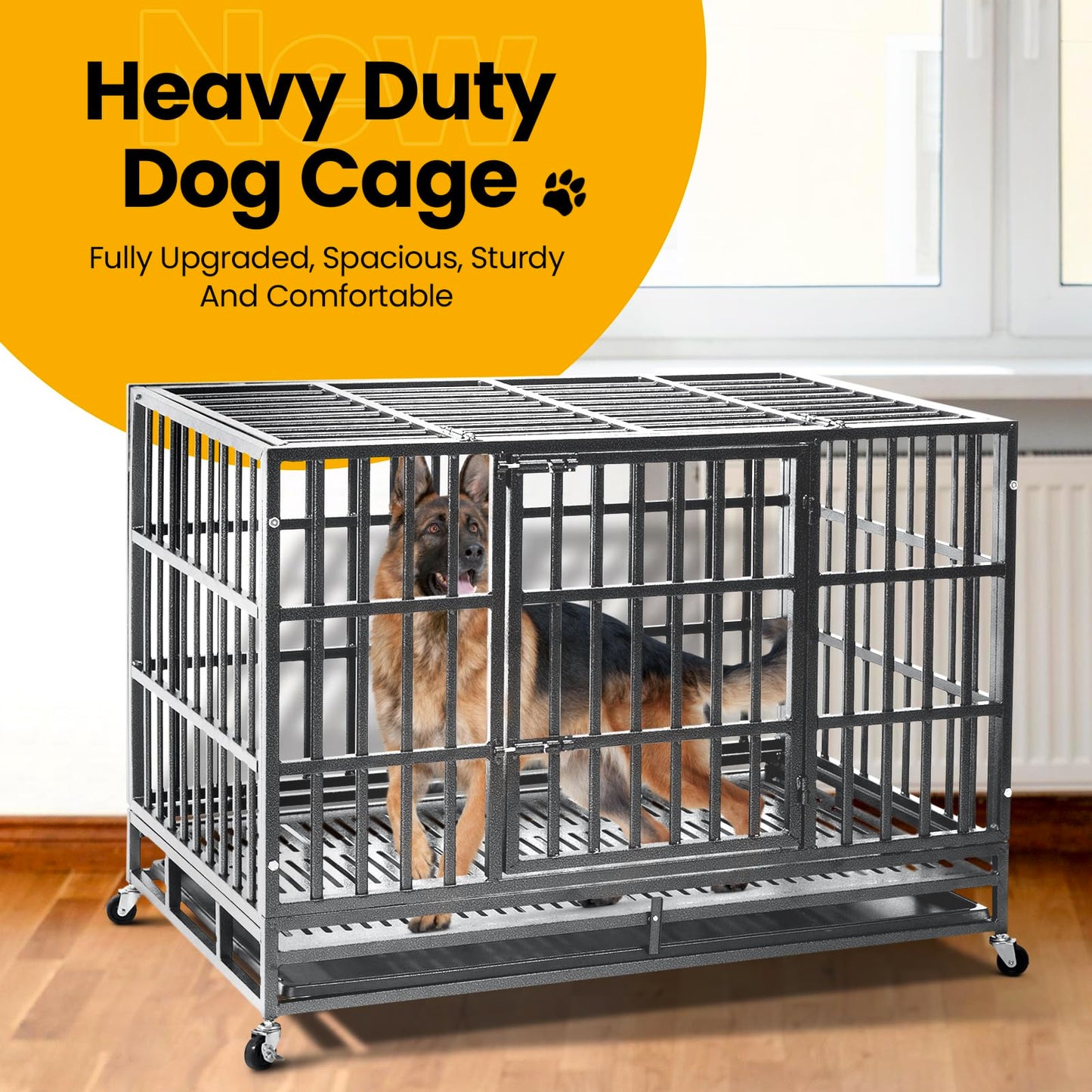 Oranland 48 inch Heavy Duty Indestructible Dog Crate,2025 New Upgraded Reinforced Baseplate for Large Dogs,XL Dog Crate for High Anxiety Dogs/Max Load Capacity 250lbs/Double Door with Wheels