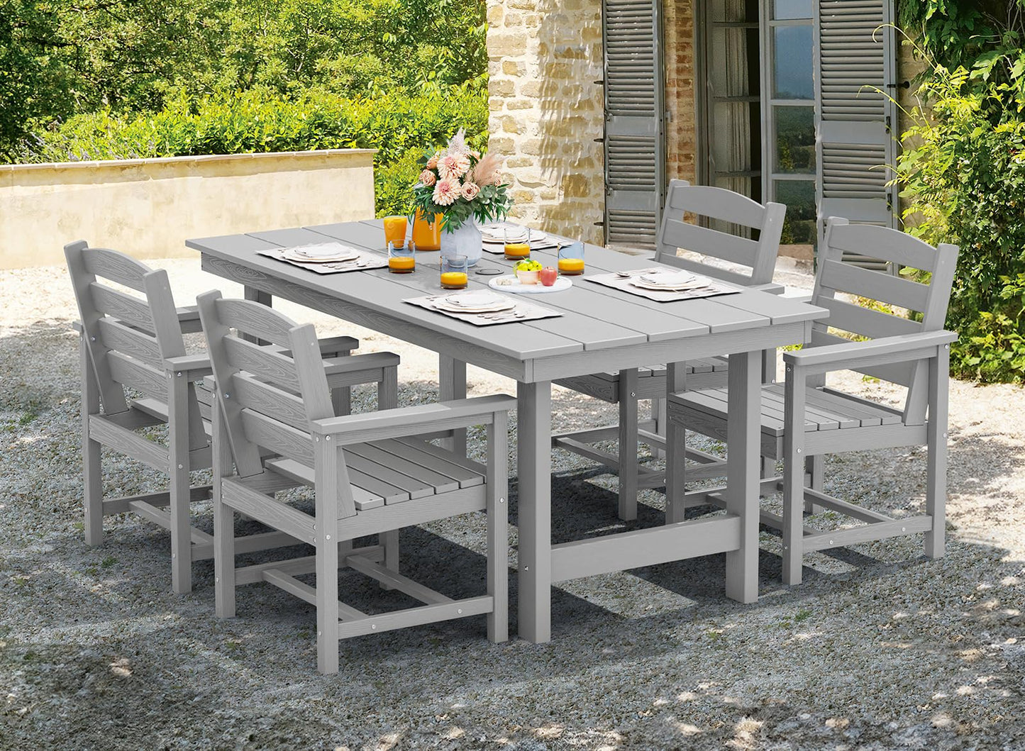 SERWALL Outdoor HDPE Dining Table Set, 7-Piece Outdoor Dining Table Sets with Umbrella Hole Cut-Out Table and 6 Chairs, Gray