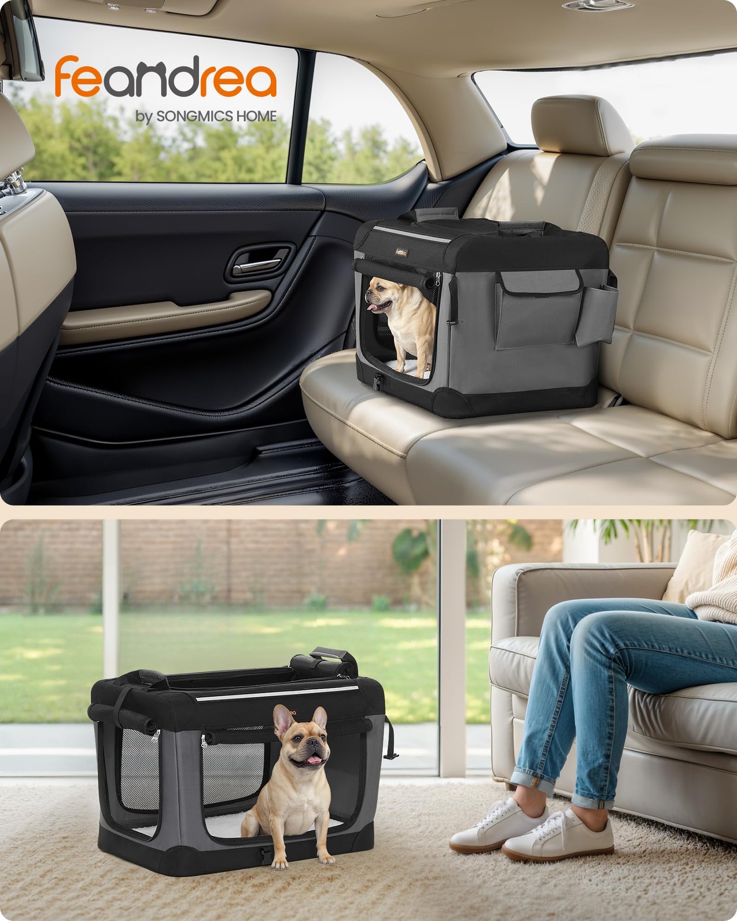 Feandrea Collapsible Dog Crate, 42-Inch Portable Dog Travel Crate for Large Dogs, Oxford Fabric Pet Carrier with 4 Mesh Doors, Handles, Storage Pocket, Water Bottle Holder, Ink Black UPDC021B01