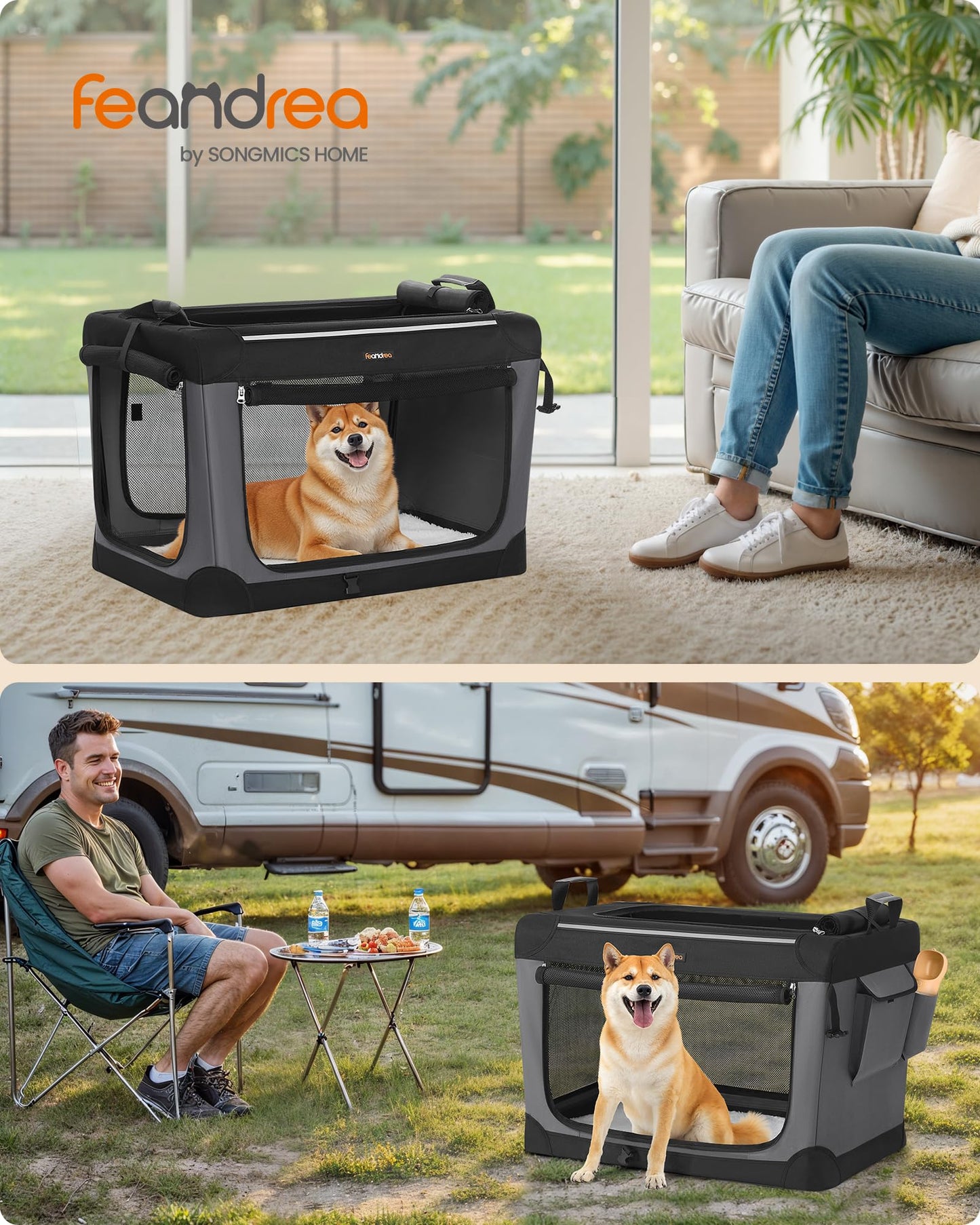 Feandrea Collapsible Dog Crate, 42-Inch Portable Dog Travel Crate for Large Dogs, Oxford Fabric Pet Carrier with 4 Mesh Doors, Handles, Storage Pocket, Water Bottle Holder, Ink Black UPDC021B01