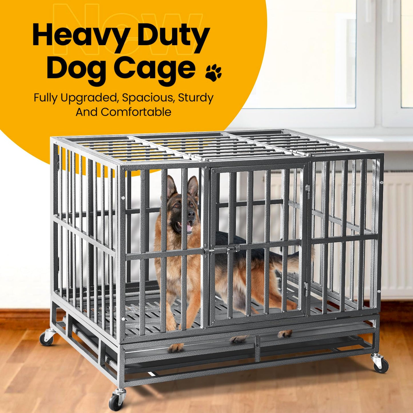 Oranland 48 inch Heavy Duty Indestructible Dog Crate,2025 New Upgraded Reinforced Baseplate for Large Dogs,XL Dog Crate for High Anxiety Dogs/Max Load Capacity 250lbs/Double Door with Wheels