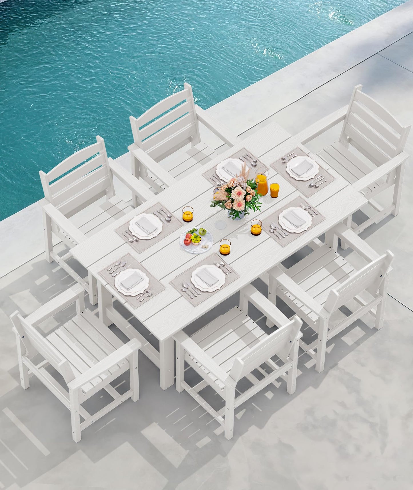 SERWALL Outdoor HDPE Dining Table Set, 7-Piece Outdoor Dining Table Sets with Umbrella Hole Cut-Out Table and 6 Chairs, Gray