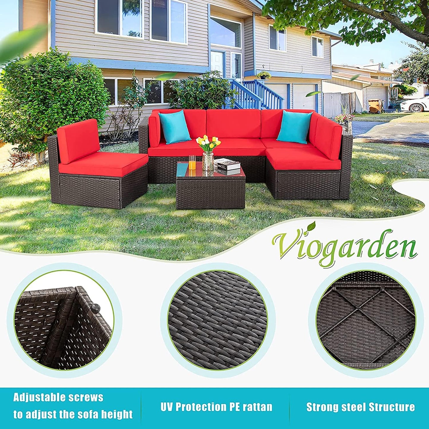 Vongrasig 5 Piece Patio Furniture Sets, Outdoor Patio Set Sectional Sofa, All-Weather PE Rattan Outdoor Couch with Ottoman, Glass Table for Garden, Backyard, Porch, Beige