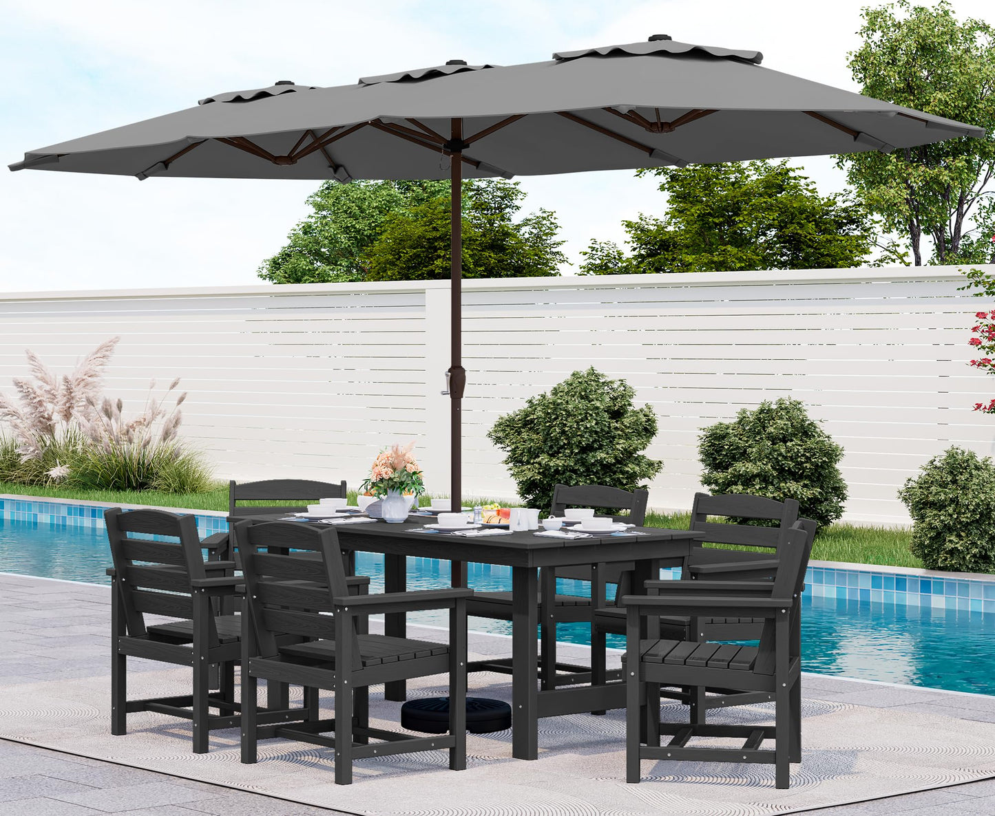 SERWALL Outdoor HDPE Dining Table Set, 7-Piece Outdoor Dining Table Sets with Umbrella Hole Cut-Out Table and 6 Chairs, Gray