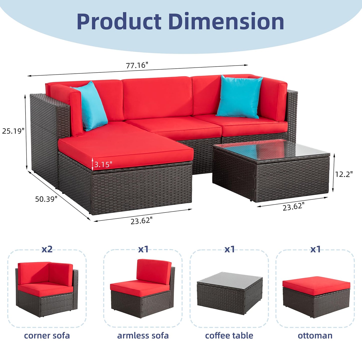 Vongrasig 5 Piece Patio Furniture Sets, Outdoor Patio Set Sectional Sofa, All-Weather PE Rattan Outdoor Couch with Ottoman, Glass Table for Garden, Backyard, Porch, Beige