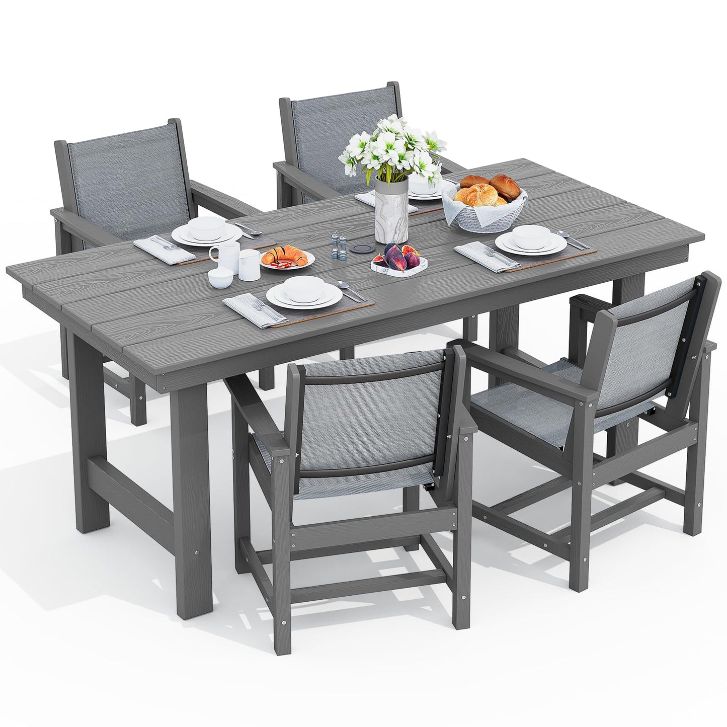 SERWALL Outdoor HDPE Dining Table Set, 7-Piece Outdoor Dining Table Sets with Umbrella Hole Cut-Out Table and 6 Chairs, Gray