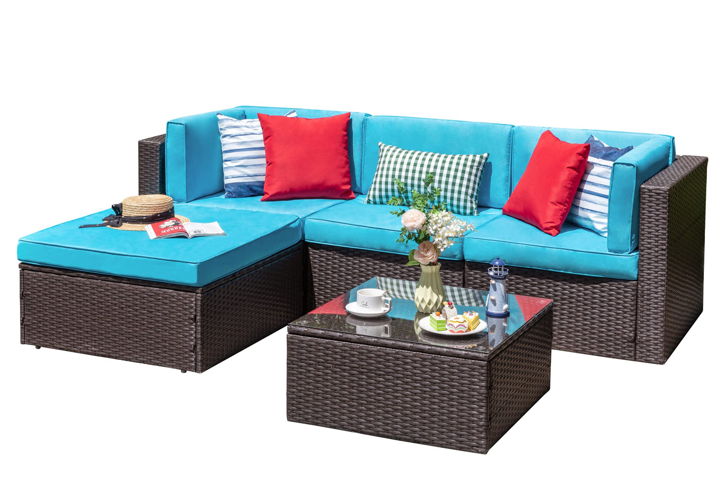 Vongrasig 5 Piece Patio Furniture Sets, Outdoor Patio Set Sectional Sofa, All-Weather PE Rattan Outdoor Couch with Ottoman, Glass Table for Garden, Backyard, Porch, Beige