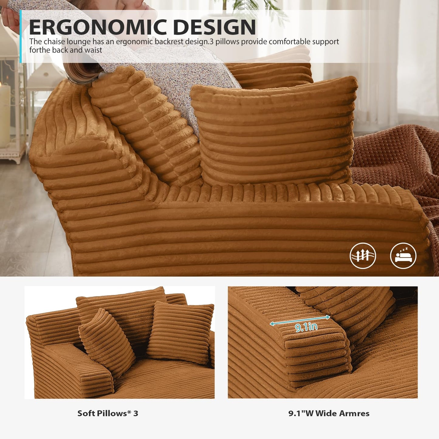 50 Inch Chaise Lounge Chair Indoor, Oversized Corduroy Upholstered Boneless Sofa Bed, Deep Seat Sleeper Couch Reading Chairs, Cloud Sofas Couches for Living Room, No Assembly Required (Dark Grey)