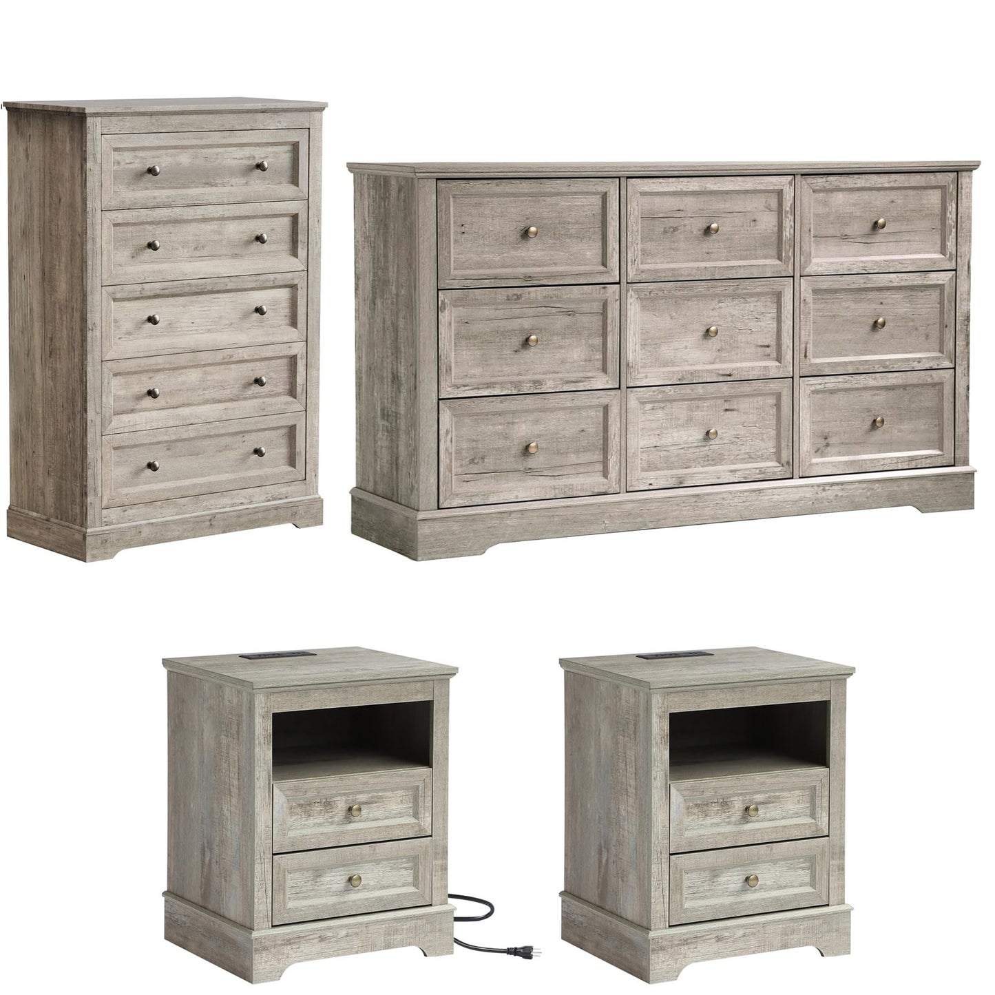 Farmhouse Bedroom Sets of 4, 4Pcs Farmhouse Dresser Set，Including 9 Drawer Dresser, 5 Drawer Dressers and Nightstand Set of 2 with Charging Station (Grey Sets, 4 Pieces)
