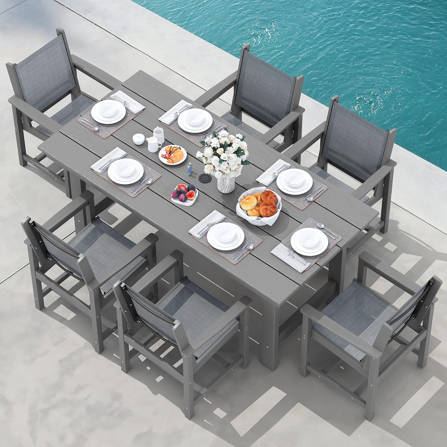 SERWALL Outdoor HDPE Dining Table Set, 7-Piece Outdoor Dining Table Sets with Umbrella Hole Cut-Out Table and 6 Chairs, Gray