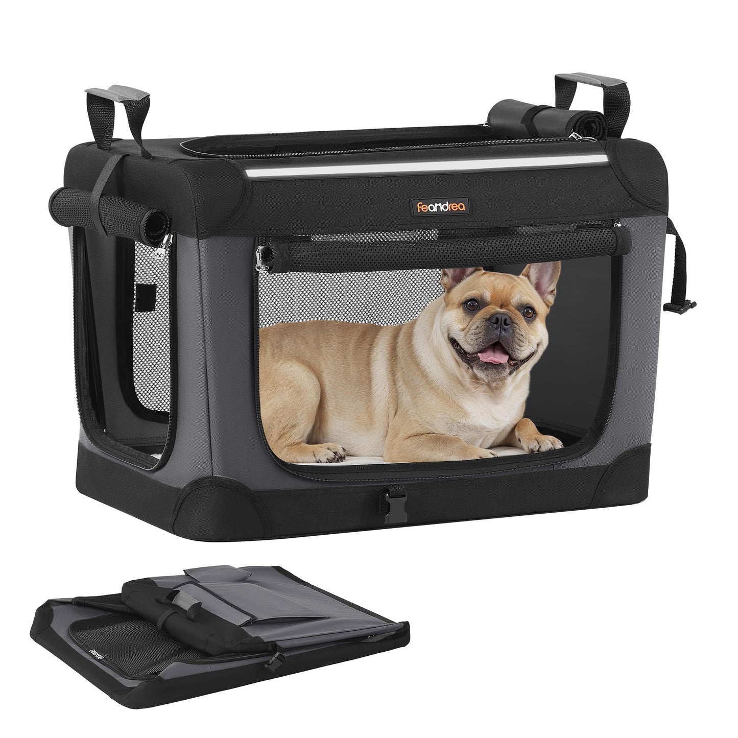 Feandrea Collapsible Dog Crate, 42-Inch Portable Dog Travel Crate for Large Dogs, Oxford Fabric Pet Carrier with 4 Mesh Doors, Handles, Storage Pocket, Water Bottle Holder, Ink Black UPDC021B01