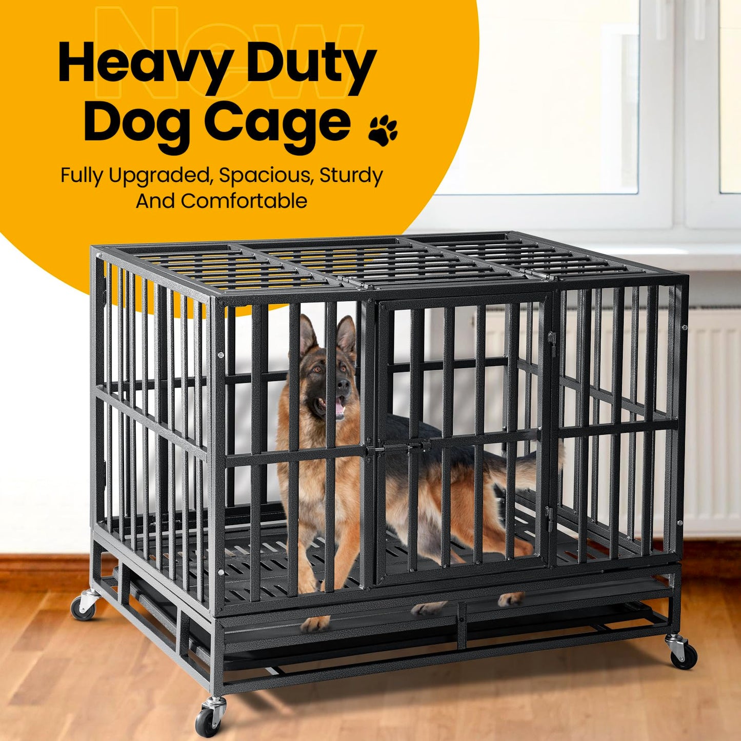 Oranland 48 inch Heavy Duty Indestructible Dog Crate,2025 New Upgraded Reinforced Baseplate for Large Dogs,XL Dog Crate for High Anxiety Dogs/Max Load Capacity 250lbs/Double Door with Wheels