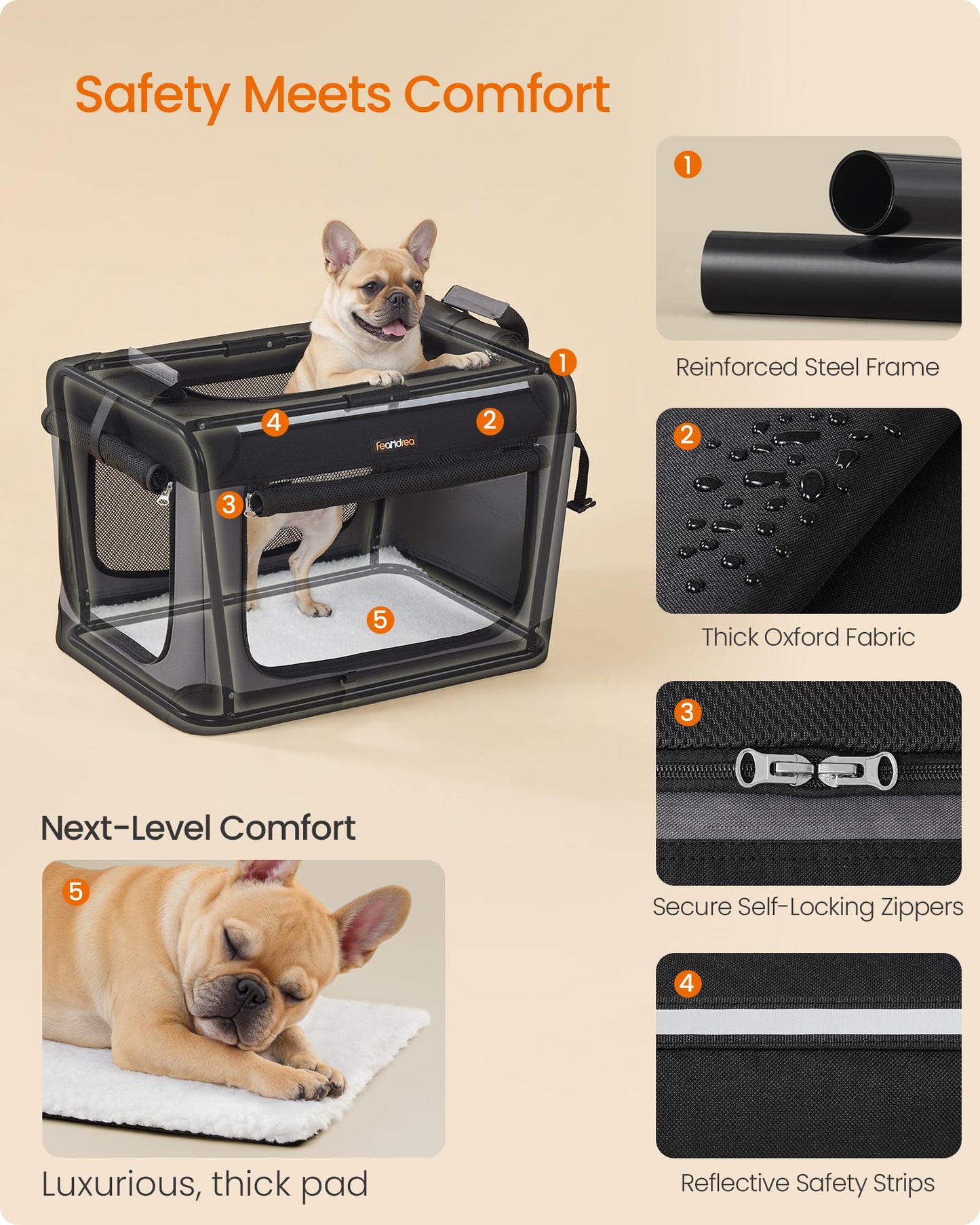 Feandrea Collapsible Dog Crate, 42-Inch Portable Dog Travel Crate for Large Dogs, Oxford Fabric Pet Carrier with 4 Mesh Doors, Handles, Storage Pocket, Water Bottle Holder, Ink Black UPDC021B01