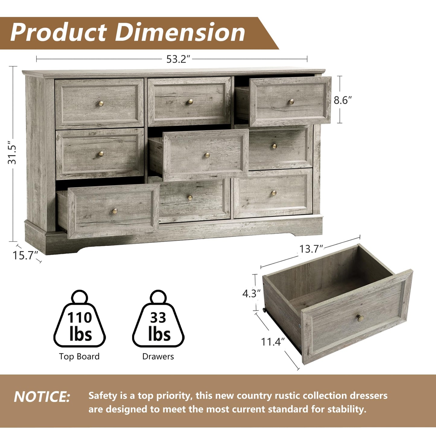 Farmhouse Bedroom Sets of 4, 4Pcs Farmhouse Dresser Set，Including 9 Drawer Dresser, 5 Drawer Dressers and Nightstand Set of 2 with Charging Station (Grey Sets, 4 Pieces)