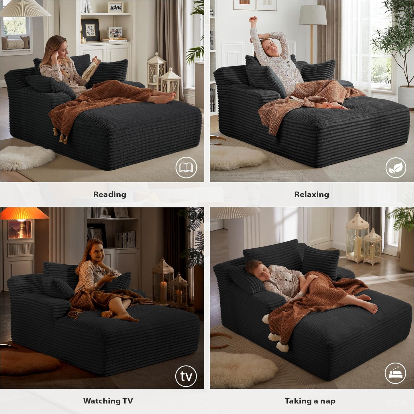 50 Inch Chaise Lounge Chair Indoor, Oversized Corduroy Upholstered Boneless Sofa Bed, Deep Seat Sleeper Couch Reading Chairs, Cloud Sofas Couches for Living Room, No Assembly Required (Dark Grey)