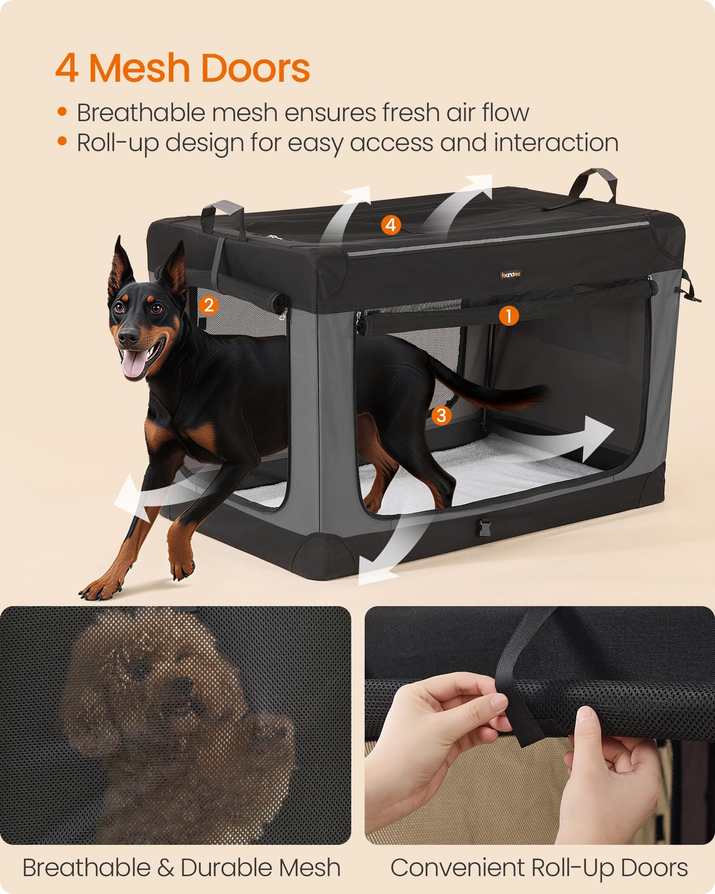 Feandrea Collapsible Dog Crate, 42-Inch Portable Dog Travel Crate for Large Dogs, Oxford Fabric Pet Carrier with 4 Mesh Doors, Handles, Storage Pocket, Water Bottle Holder, Ink Black UPDC021B01