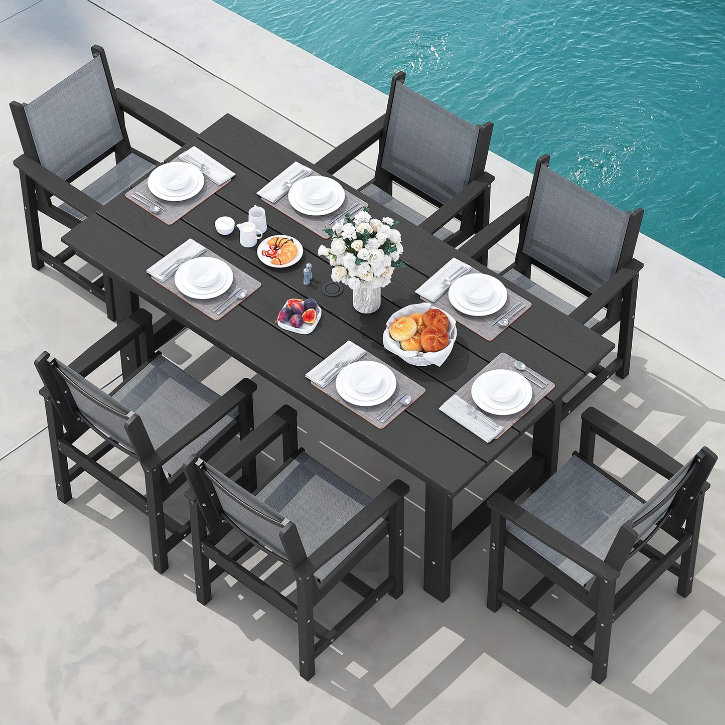 SERWALL Outdoor HDPE Dining Table Set, 7-Piece Outdoor Dining Table Sets with Umbrella Hole Cut-Out Table and 6 Chairs, Gray