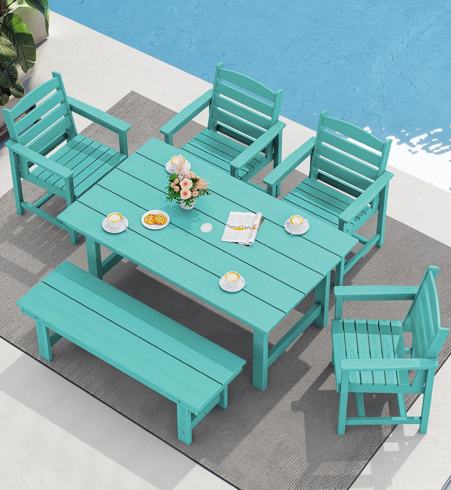 SERWALL Outdoor HDPE Dining Table Set, 7-Piece Outdoor Dining Table Sets with Umbrella Hole Cut-Out Table and 6 Chairs, Gray