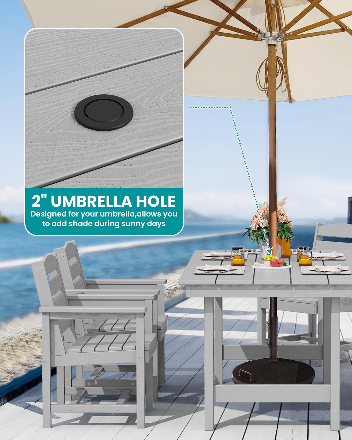 SERWALL Outdoor HDPE Dining Table Set, 7-Piece Outdoor Dining Table Sets with Umbrella Hole Cut-Out Table and 6 Chairs, Gray