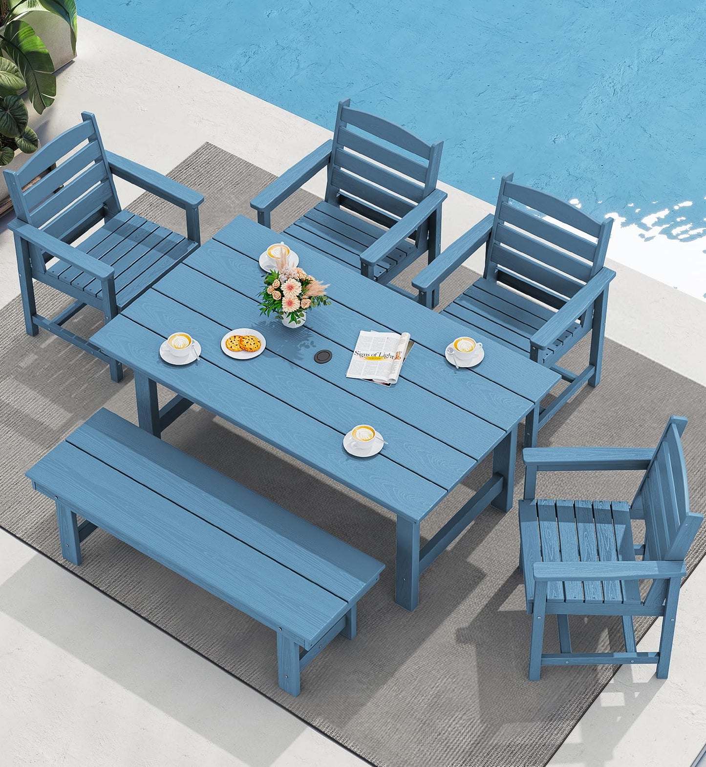 SERWALL Outdoor HDPE Dining Table Set, 7-Piece Outdoor Dining Table Sets with Umbrella Hole Cut-Out Table and 6 Chairs, Gray