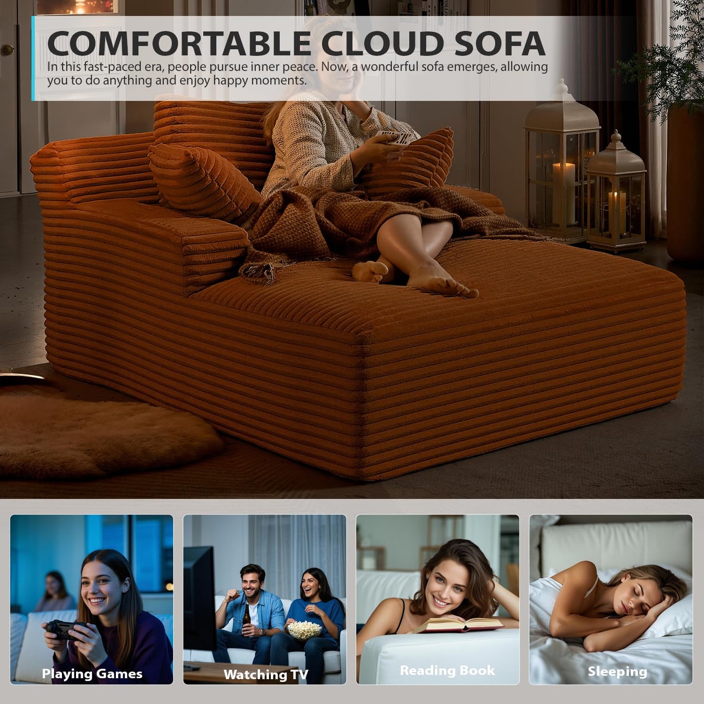 50 Inch Chaise Lounge Chair Indoor, Oversized Corduroy Upholstered Boneless Sofa Bed, Deep Seat Sleeper Couch Reading Chairs, Cloud Sofas Couches for Living Room, No Assembly Required (Dark Grey)