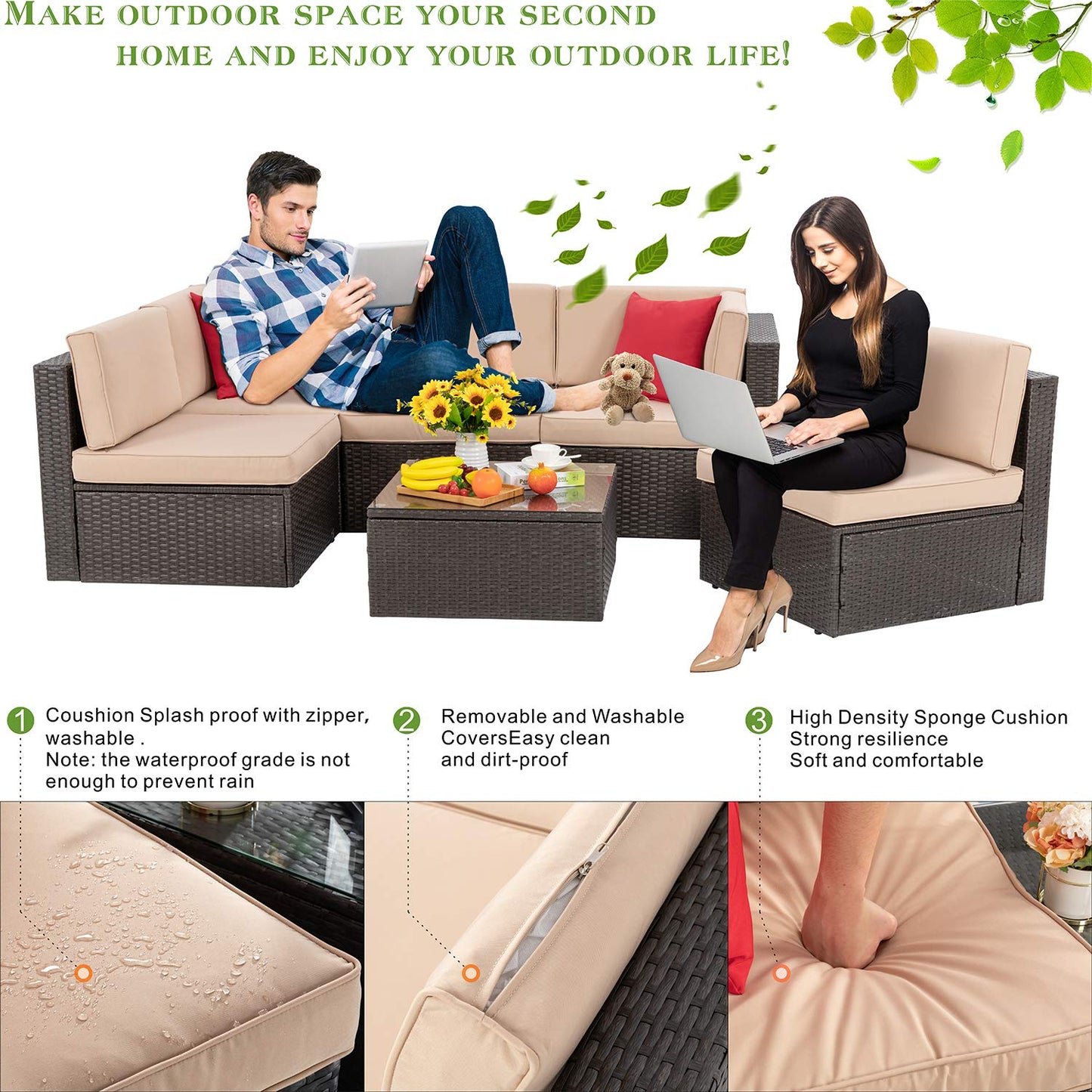 Vongrasig 5 Piece Patio Furniture Sets, Outdoor Patio Set Sectional Sofa, All-Weather PE Rattan Outdoor Couch with Ottoman, Glass Table for Garden, Backyard, Porch, Beige