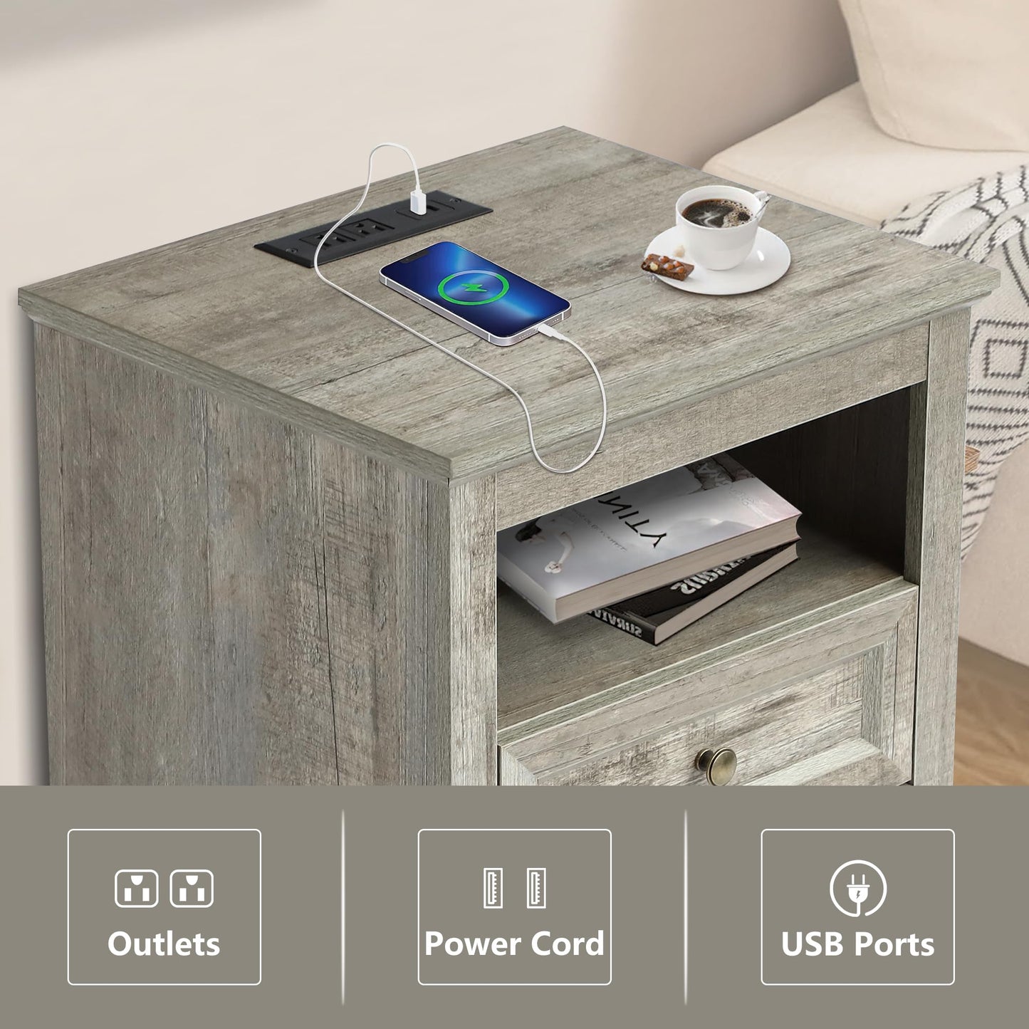 Farmhouse Bedroom Sets of 4, 4Pcs Farmhouse Dresser Set，Including 9 Drawer Dresser, 5 Drawer Dressers and Nightstand Set of 2 with Charging Station (Grey Sets, 4 Pieces)