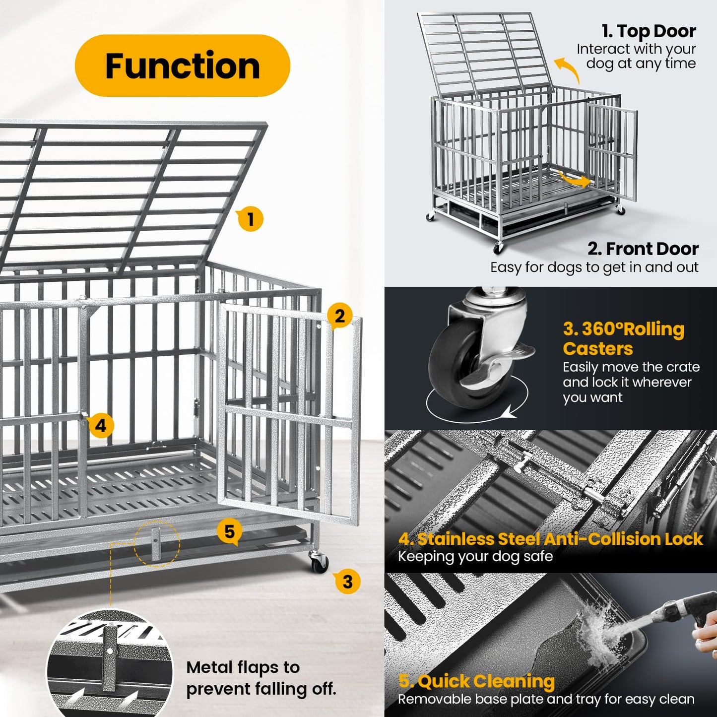 Oranland 48 inch Heavy Duty Indestructible Dog Crate,2025 New Upgraded Reinforced Baseplate for Large Dogs,XL Dog Crate for High Anxiety Dogs/Max Load Capacity 250lbs/Double Door with Wheels